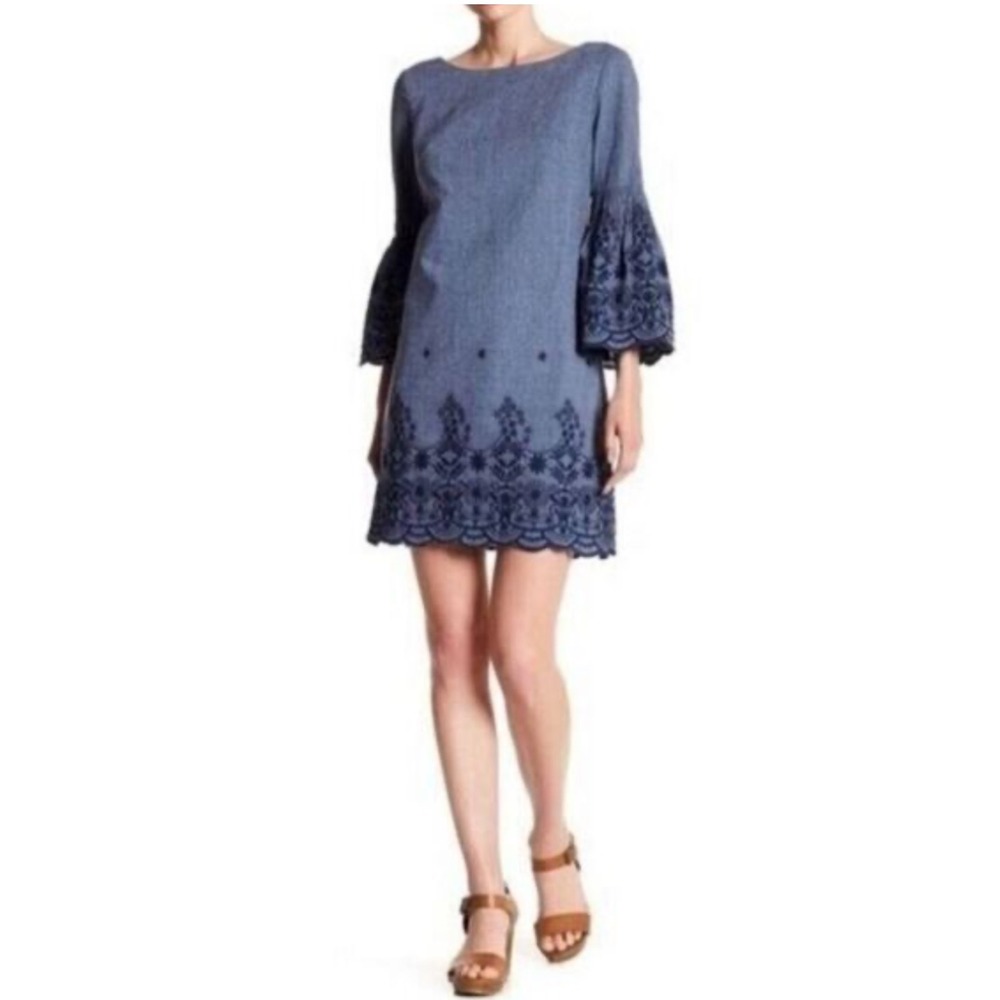 Eliza J Dress Shift Bell Sleeve Embroidered Chambray Blue Women Size 2 Boho NEW